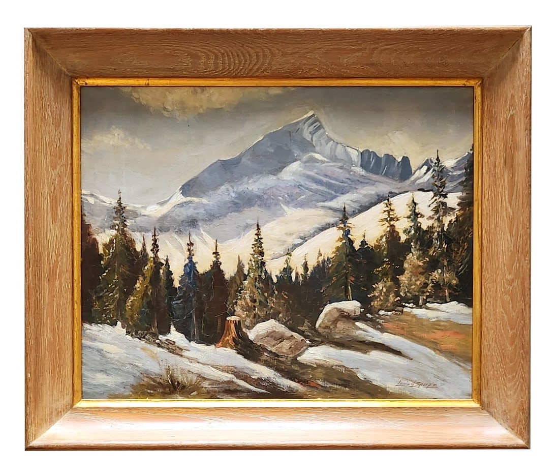 Louis Hovey Sharp (1874 - 1946) American: Louis Hovey Sharp (1874 - 1946) American Oil on Canvas on Board Measure 15 1/2"in H x 19 1/2"in W and 20 1/2"in H x 24 1/2"in W x 2 1/4"in D framed Known for: Landscape and western genre painting Biog