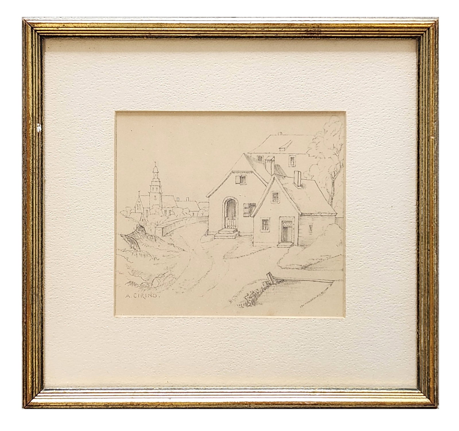 Antonio Cirino (1889 - 1983) Italy: Antonio Cirino (1889 - 1983) Italy Pencil on Paper Measure 5 1/4"in H x 6"in W and 10"in H x 10 1/2"in W with frame Known for: Landscape-village-coastal painting, design Biography: Born in Italy, Marc