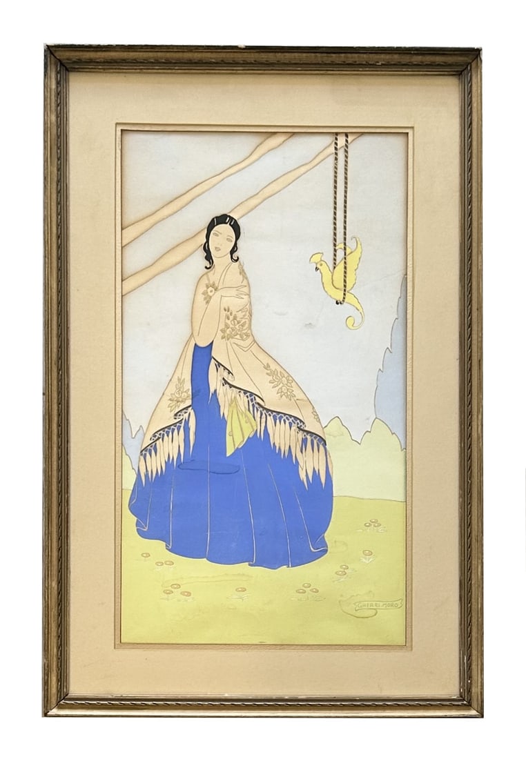 Bruno Gherri Moro (1899 - 1967) Italy: Bruno Gherri Moro (1899 - 1967) Italy Silkscreen Title: Lady with Bird Measure 17 3/4"in H x 10"in W and 23"in H x 15"in W with frame Known for: Painting and sculpture
