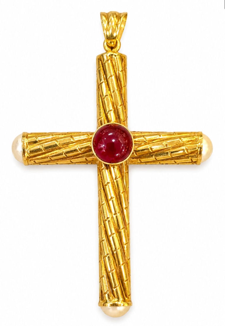 18K Yellow Gold Cabochon Ruby & Cultured Pearl Cross Pendant (1 of 3)