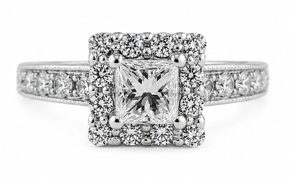 14K White Gold Princess Cut Diamond Halo Engagement Ring: Metal: 14K White Gold Size 6 Weight 3.7g Total Diamond Weight: Approx. 0.50 CTW Center Diamond: Princess Cut Accent Diamonds: Round Brilliant Cut Setting Style: Halo Engagement Ring