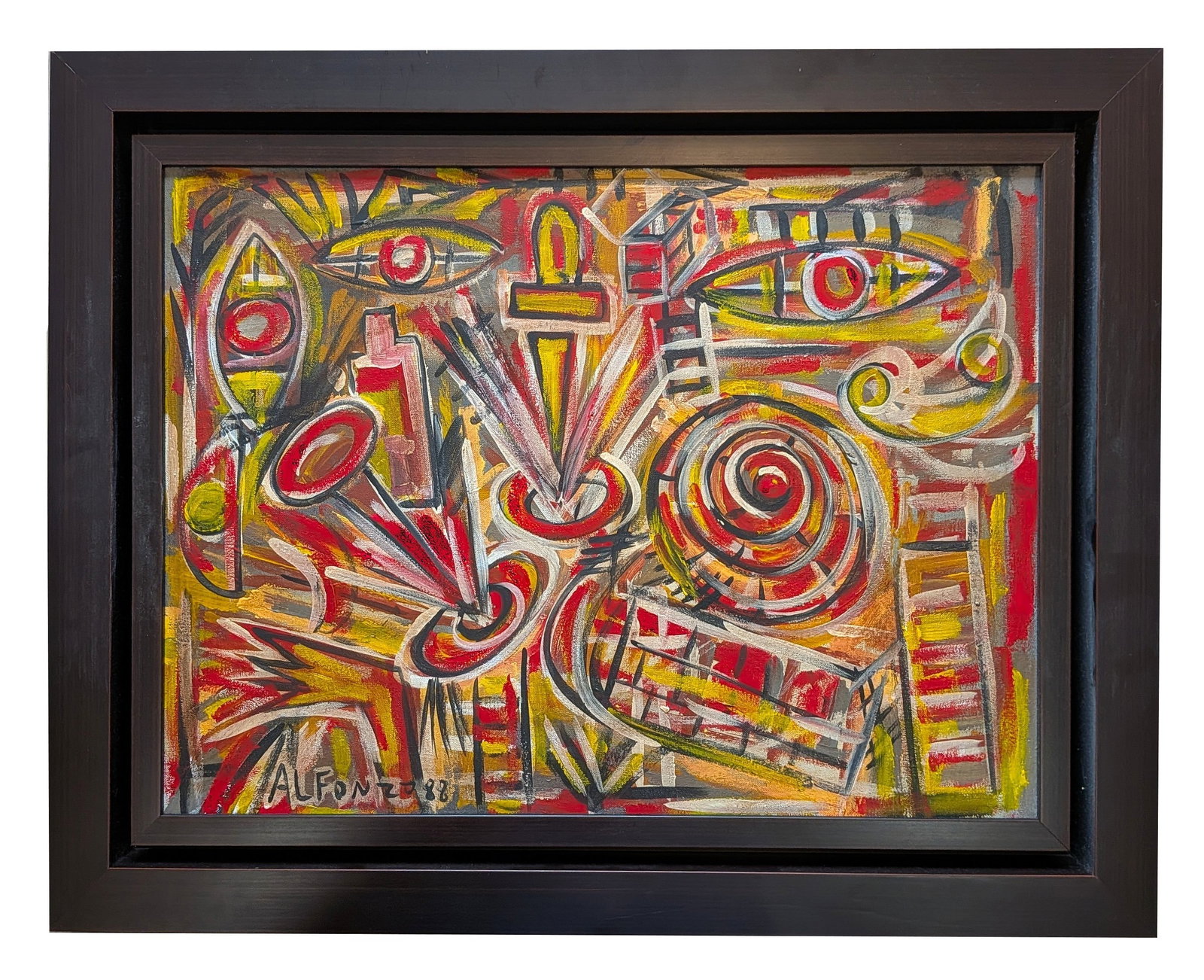 Carlos Alfonzo (1950 - 1991) Cuban: Carlos Alfonzo (1950 - 1991) Cuban Oil on Canvas Measure 19 1/4"in H x 25 1/4"in W and 24"in H x 29 1/2"in W x 2"in D framed Known for: Ceramics with painted iconography, animal and figure shapes
