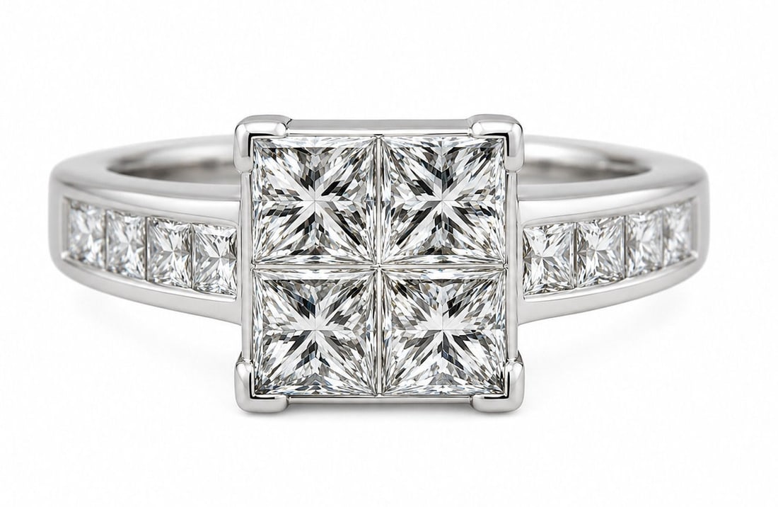 14K White Gold Princess Cut Diamond Cluster Ring: Metal: 14K White Gold Size 6 Weight 5.3g Center: Princess-Cut Diamond Cluster (4 Stones) 1.5 CTW Side Stones: Channel-Set Princess-Cut Diamonds Setting Style: Cluster / Invisible-Style Look