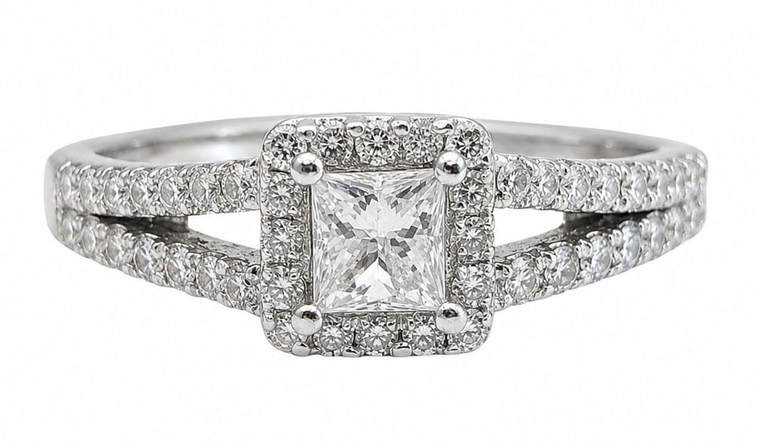 14K White Gold Princess Cut Diamond Halo Engagement Ring (1 of 4)
