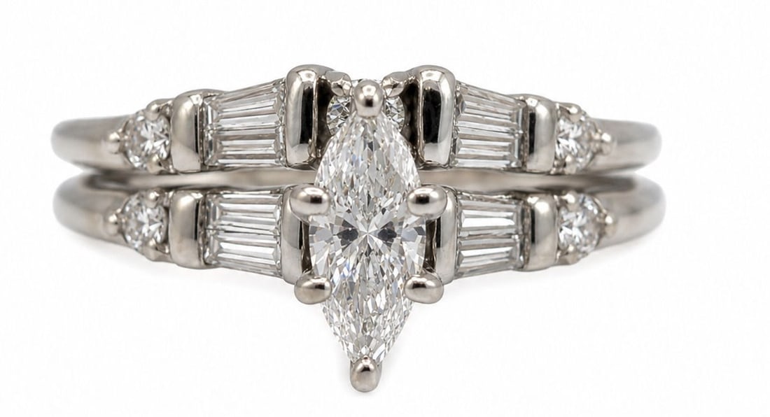 14K White Gold Marquise Diamond Bridal Set Wedding Ring Set: Metal: 14K White Gold Size 6 Weight 3.9g Total Diamond Weight: Approx. 0.50 CTW Center Diamond: Approx. 0.25 CT Marquise Cut Accent Diamonds: Approx. 0.25 CTW Round Brilliant & Tapered Baguette Diamon