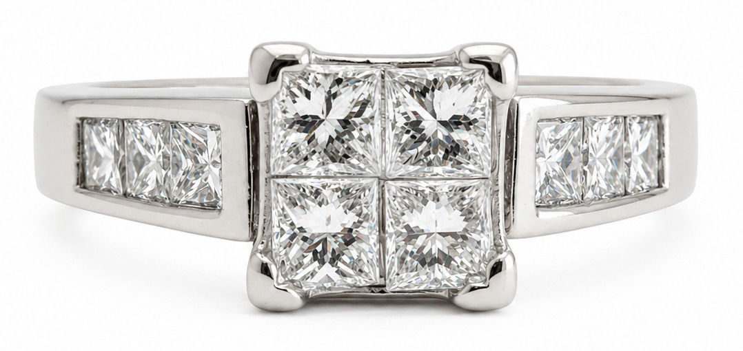 14K White Gold Princess Cut Diamond Engagement Ring: Metal: 14K White Gold Size 7 Weight 4.7g Total Diamond Weight: Approx. 1.25 CTW Center Cluster: Approx. 0.25 CTW Princess-Cut Diamonds Side Diamonds: Approx. 1 CTW Princess-Cut Diamonds Diamond Shape: