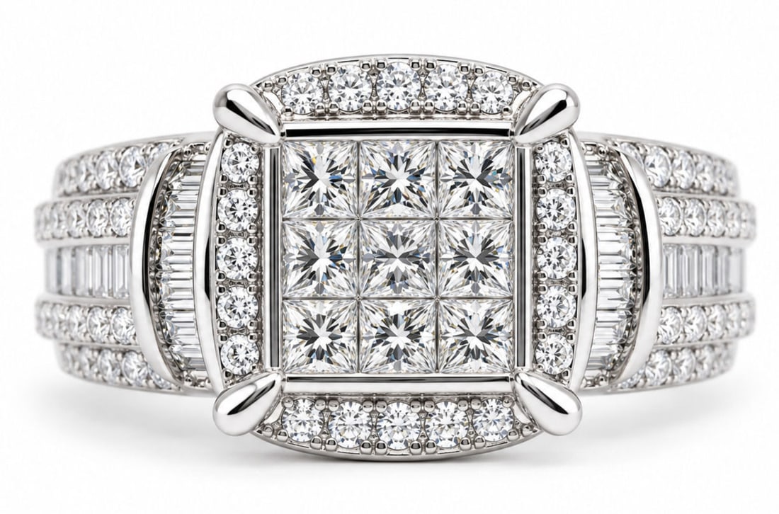 10K White Gold Diamond Cluster Engagement Ring: Metal: 10K White Gold Size 8 Weight 6.1 Total Diamond Weight: Approx. 1 CTW Diamond Shapes: Princess Cut, Round Brilliant Cut & Baguette Cut Setting Style: Cluster, Halo & Multi-Row Accent Setting
