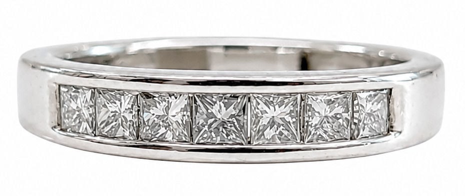 14K White Gold Princess Cut Diamond Channel Set Band Ring 1.00 CTW: Metal: Solid 14K White Gold Ring Size: 7 1/4 Weight: 2.9 grams Total Diamond Weight: Approx. 1.00 CTW Diamond Cut: Princess Cut