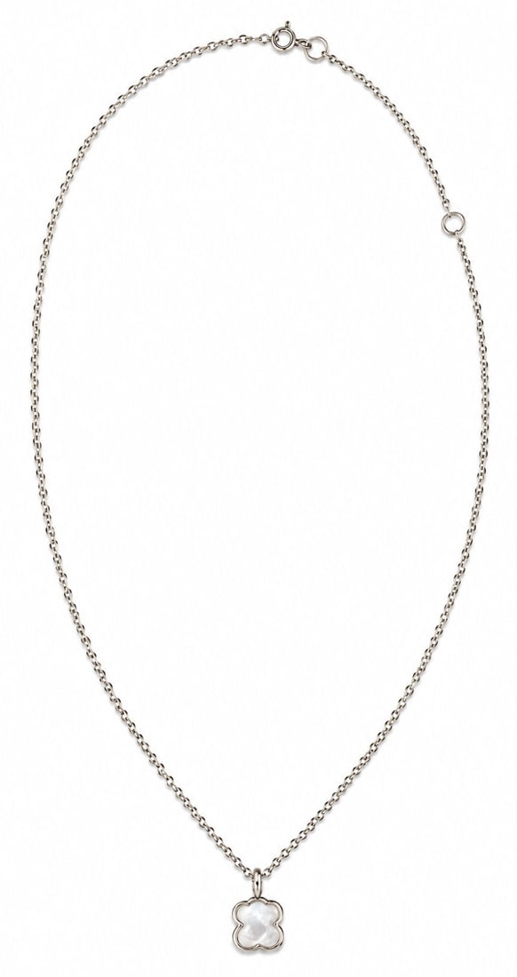 Tous Sterling Silver & Faceted Mother-of-Pearl / Quartz Bear Pendant Necklace: This authentic Tous sterling silver pendant necklace features the brand?s signature teddy bear motif set with a faceted, iridescent white mother-of-pearl (or quartz over mother-of-pearl) gemstone. The