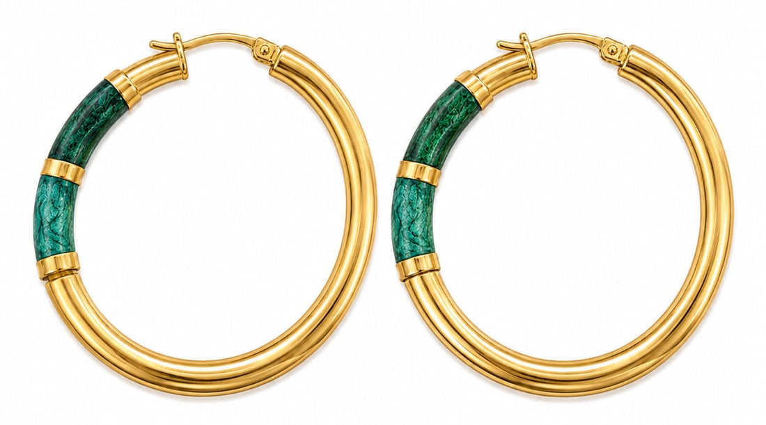 Italian 18K Yellow Gold & Malachite Accent Hoop Earrings: A pair of Italian-made 18K yellow gold hoop earrings featuring vibrant green malachite inlay segments. Designed as tubular polished gold hoops, each piece incorporates two curved, patterned malachite 