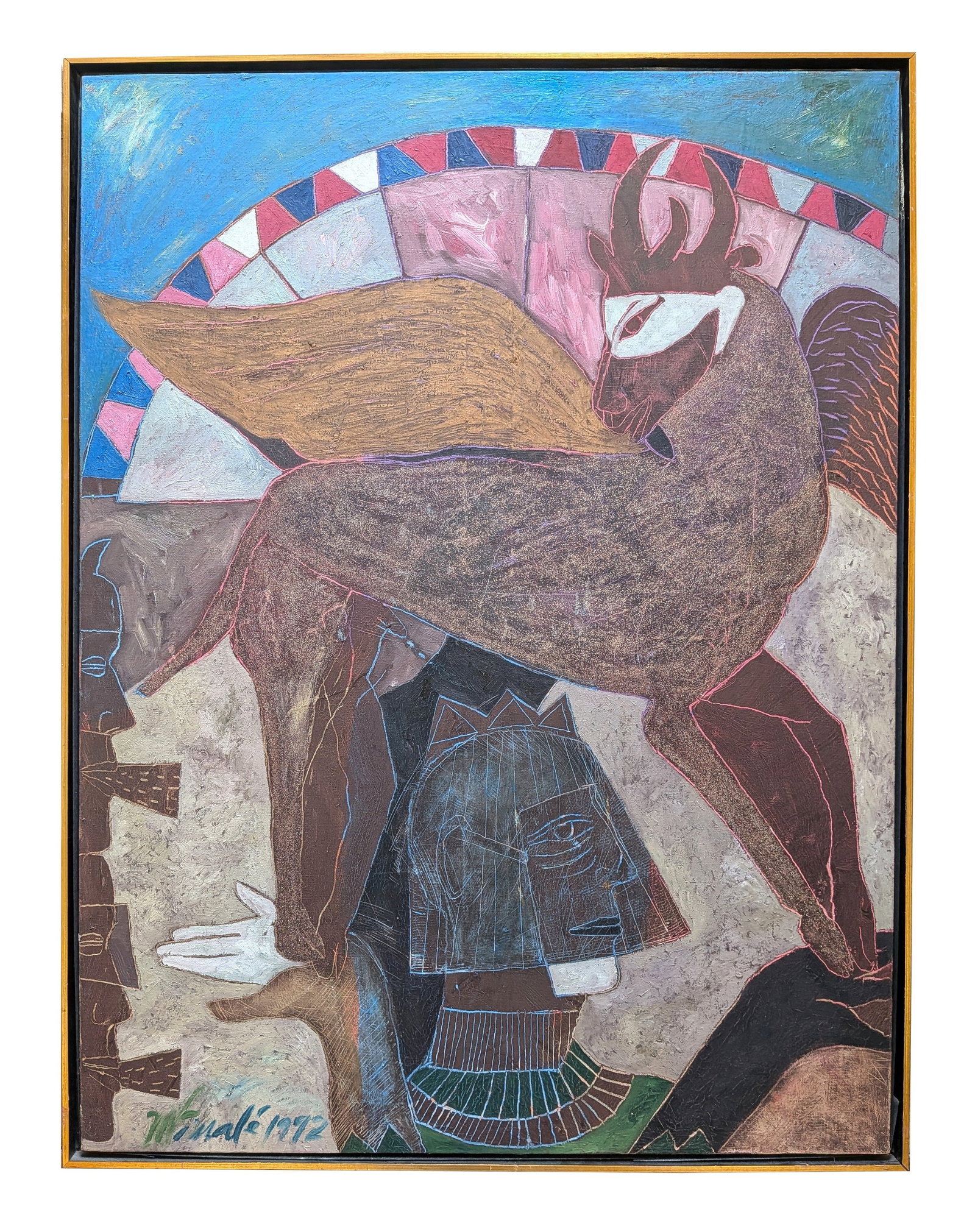 Moises Finale ( Born 1957 ) Cuba: Moises Finale ( Born 1957 ) Cuba Oil on Canvas Title: Hombre de Circo Measure 40"in H x 30"in W and 41"in H x 31"in W x 1 1/2"in D framed Biography: Moises Finale (b. 1957, Cuba) is a Cuban painter, d