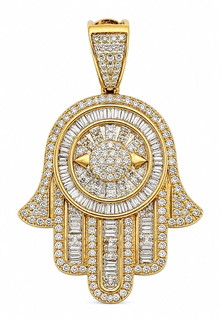 10K Yellow Gold Diamond Hamsa Hand Pendant with Evil Eye Design Approx. 0.75 CTW Diamonds: Metal: 10K Yellow Gold Gemstones: Natural Diamonds Approximate Total Diamond Weight: 0.75 CTW Diamond Cuts: Round Brilliant and Baguette Weight: 6.3 grams Design: Hamsa Hand with Evil Eye Motif Measur