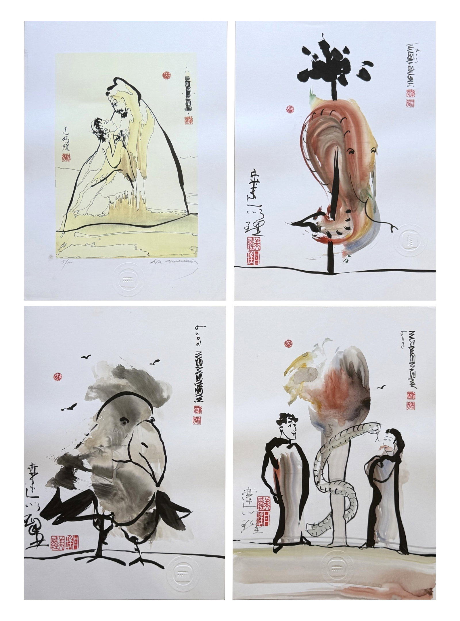 Contemporary Ink & Wash Figurative Prints, Signed & Dated 2004 with Seals - Set of 4: A cohesive lot of four contemporary ink and wash prints rendered in an expressive, modern East Asian influenced style, each featuring bold, gestural brushwork and minimalist compositions; the group in