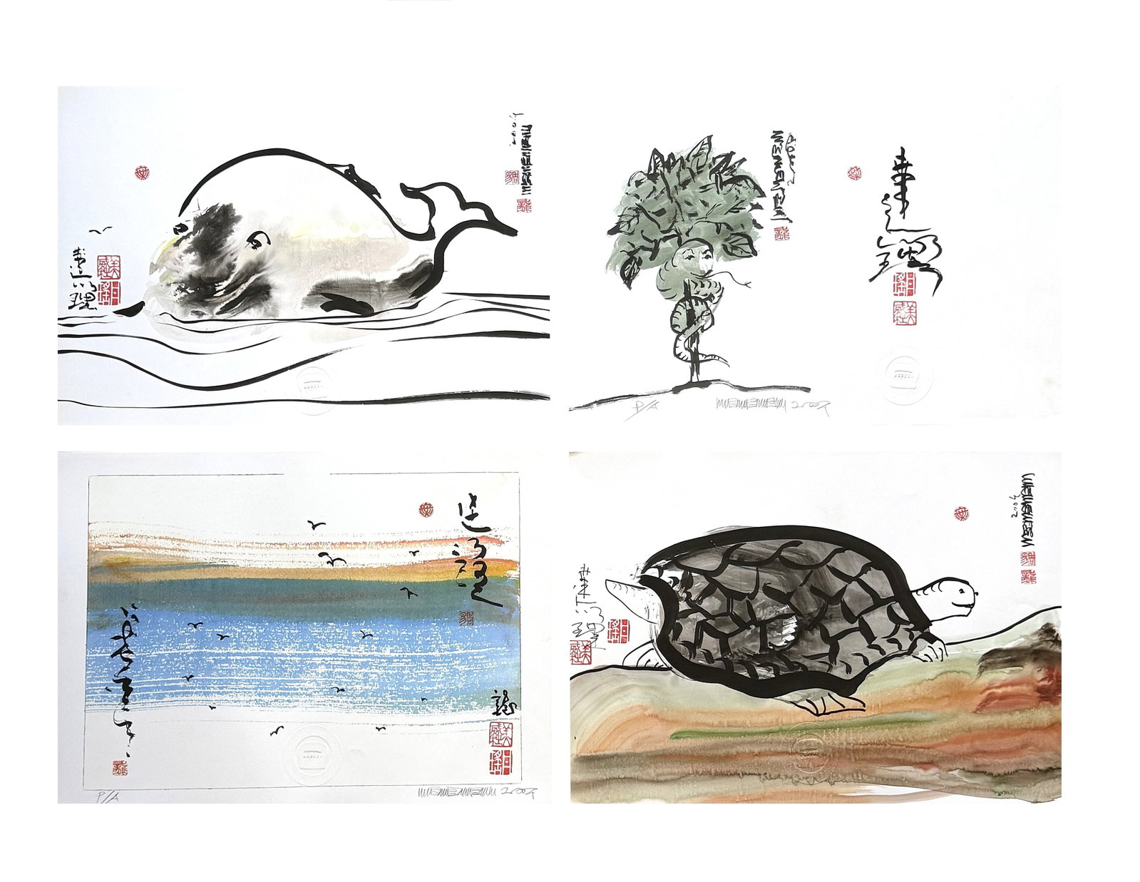 Contemporary Asian Ink Prints, Whale, Turtle, Tree & Seascape Set of 4: A cohesive set of four contemporary Asian-style ink prints featuring expressive, minimalist compositions. Subjects include a stylized whale in motion, a walking turtle, a whimsical figure beneath a tr