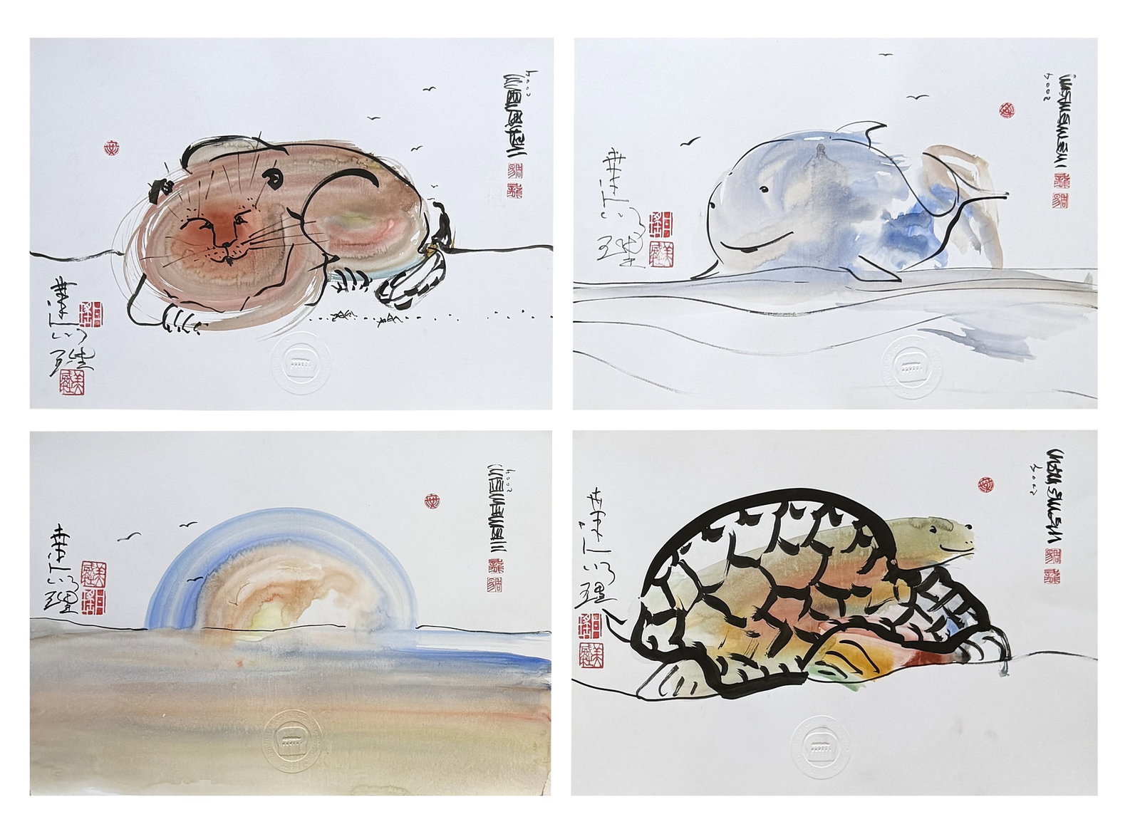 4 Contemporary Asian Ink Prints, Animal & Landscape Motifs (Otter, Whale, Turtle, Sunrise) (1 of 6)