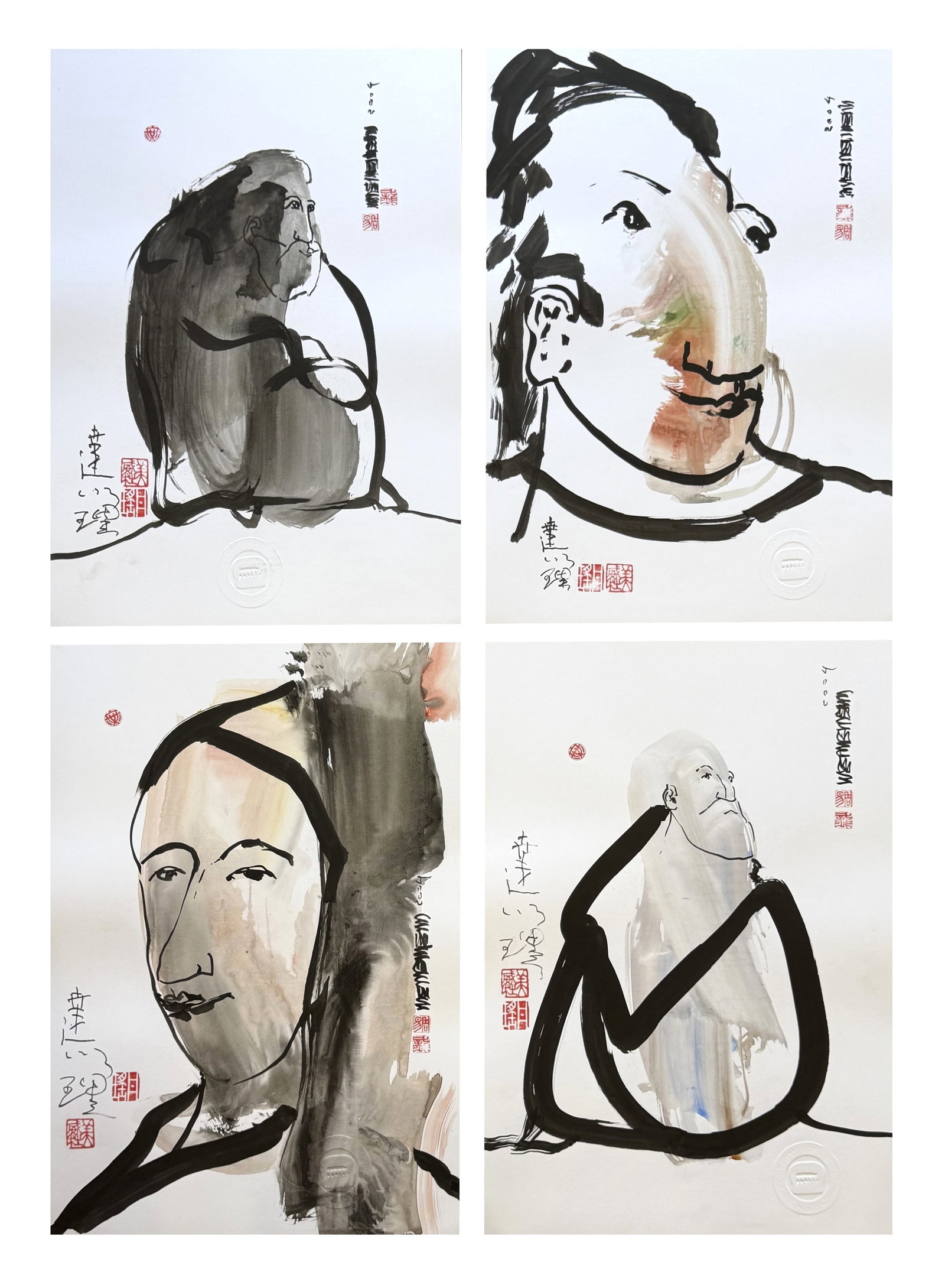 Contemporary Asian Ink Prints, Expressive Figural Studies & Portraits Set of 4: A striking set of four contemporary Asian-style ink prints focused on expressive figural and portrait studies. The compositions depict simplified human forms and faces rendered with bold, gestural bru