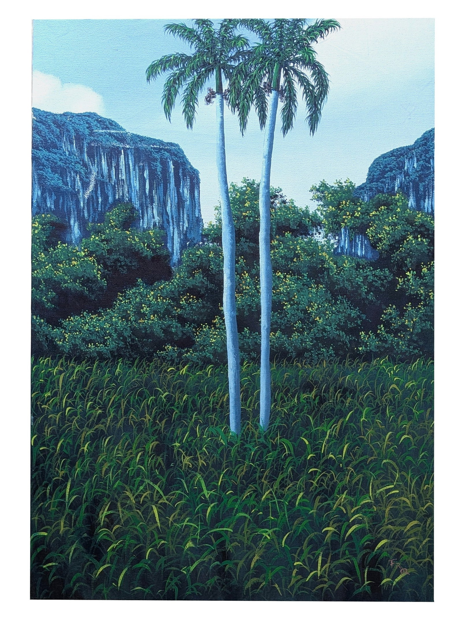 Tropical Landscape with Royal Palms and Limestone Cliffs, Oil on Canvas: Colorful tropical landscape depicting two stately royal palm trees standing amid lush grasses and dense vegetation, with dramatic limestone cliffs rising in the background. Rendered in a vibrant palet