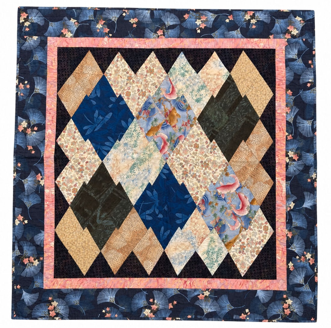 Stacy Northrup "Pine Bark Koi" Handcrafted Art Quilt, Dated 2007: Decorative handcrafted art quilt titled Pine Bark Koi by textile artist Stacy Northrup, dated 2007. The quilt features a striking geometric diamond-pattern composition executed in an array of coordina
