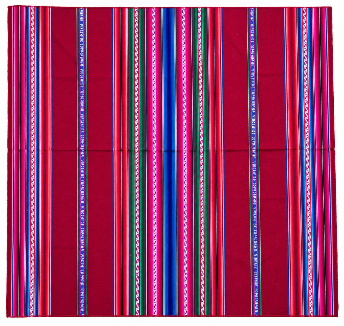Vintage Andean Aguayo Textile, Handwoven Bolivian Striped Carrying Cloth: Colorful vintage Andean handwoven textile, traditionally known as an Aguayo, featuring vibrant horizontal stripes in shades of crimson, magenta, pink, blue, turquoise, green, black, and white. The fin