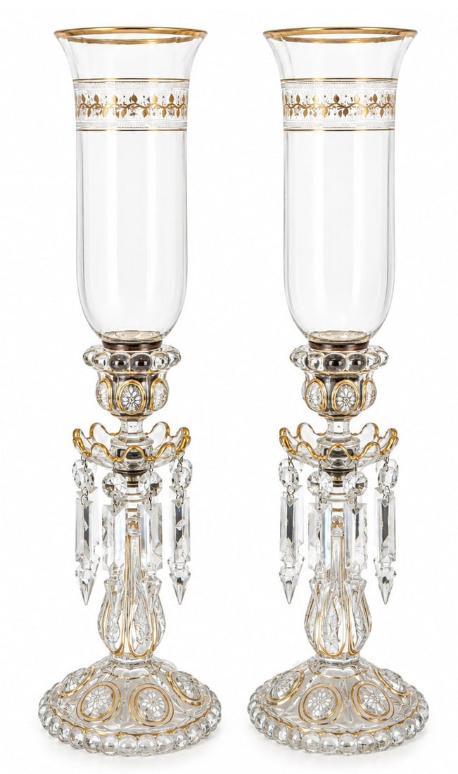 Pair of Baccarat Style Gilt Cut Crystal Hurricane Candlesticks: Elegant pair of Baccarat style cut crystal hurricane candlesticks, each featuring a tall removable clear glass hurricane shade with flared rim, gilt borders, and delicate gilt foliate decoration. The 