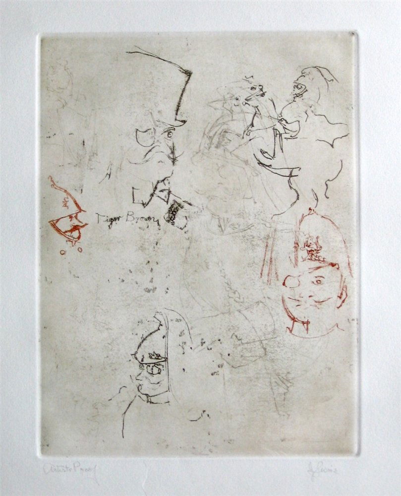 Jack Levine signed original etching "Tiger Brown": Medium: original soft ground etching, signed in pencil and annotated "Artist's Proof". This etching was executed in 1967 for the "Dreigroschen Film" series, for the limited edition portfolio published