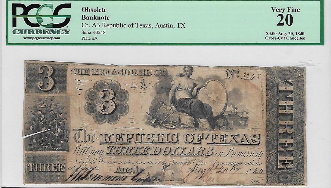 PCGS VF20 A3 $3 Republic Of Texas, Austin, TX Obsolete (1 of 2)