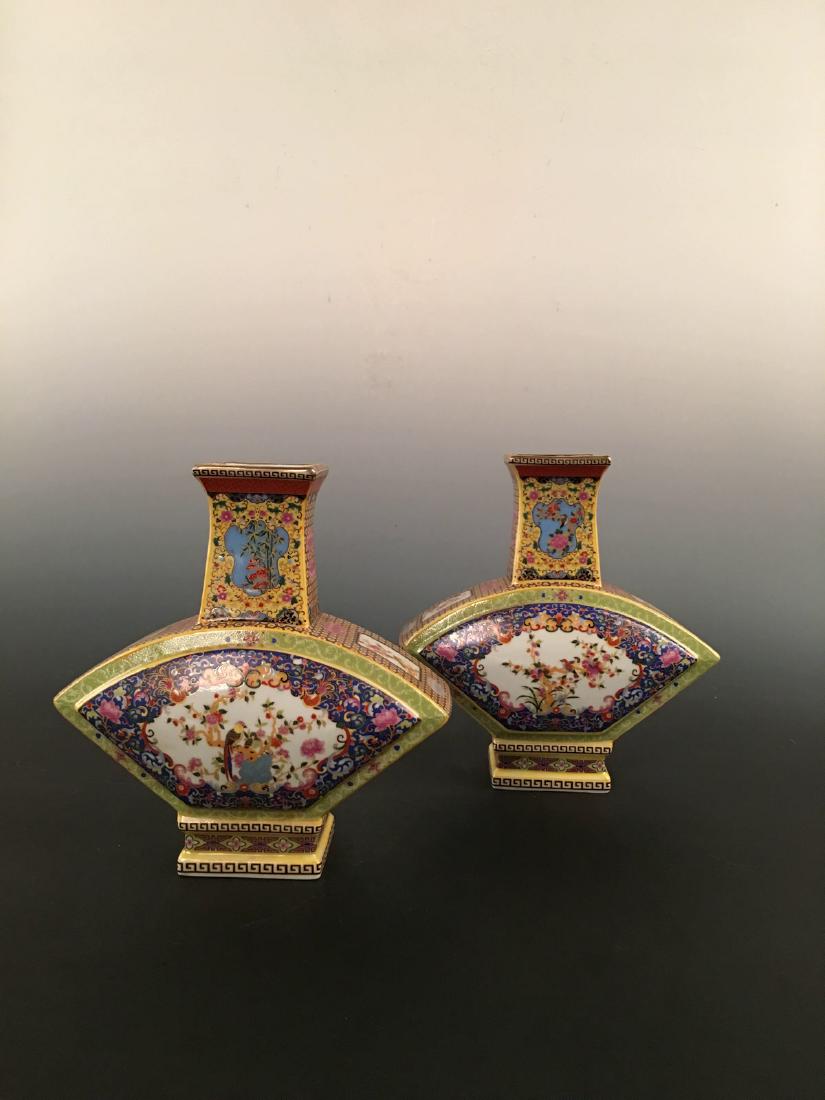 Chinese Enamal Square Vase Pair: Chinese Enamal Square Vase Pair With Yong Zheng Mark 8-1/4" H x 8" W, 4.4 Lbs Shipping: We are able to pack and ship this item to an address in the United States for $45.00 via UPS Ground or USPS Prio