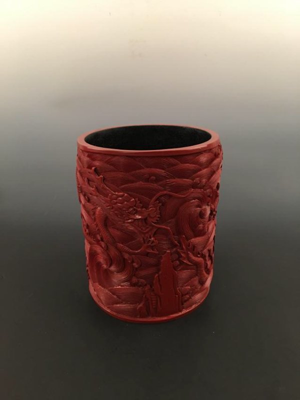 Chinese Dragon Carved Lacquer Brush Holder (1 of 8)