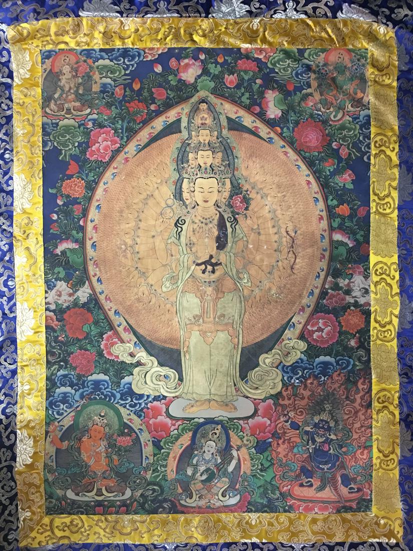 Chinese Thangka of Avalokitesvara on Silk: Chinese Thangka of Avalokitesvara on Silk 43-1/2''H, 33-1/2''W; 253 g Shipping: We are able to pack and ship this item to an address in the United States for $30.00 via UPS Ground or USPS Priority Mai