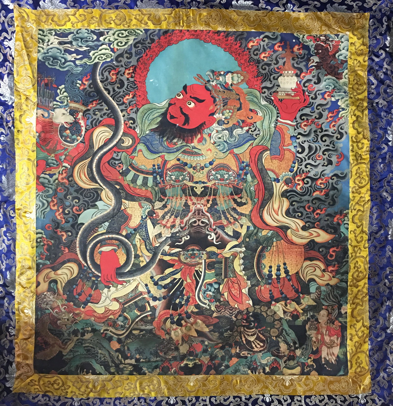 Chinese Thangka of Virupaksa on Silk: Chinese Thangka of Virupaksa on Silk 43''H, 41''W; 3114 g Shipping: We are able to pack and ship this item to an address in the United States for $30.00 via UPS Ground or USPS Priority Mail. Tracking 
