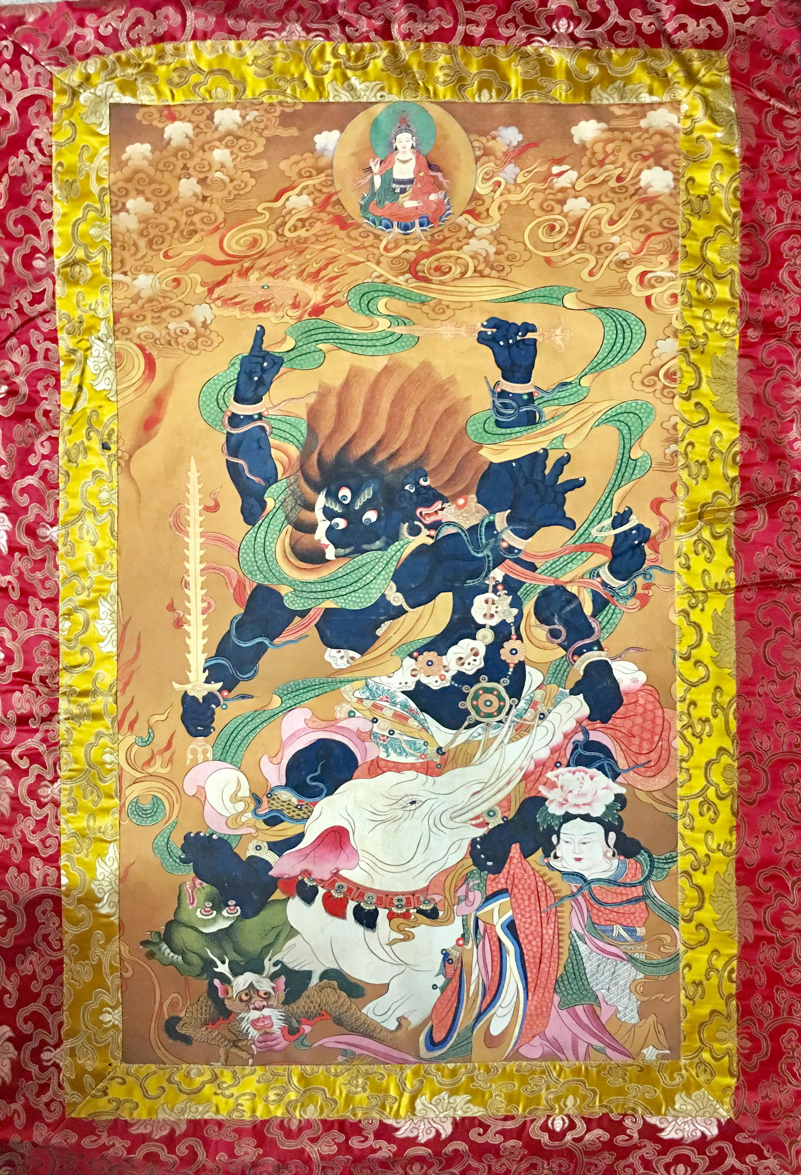 Chinese Thangka of Vajrapani on Silk: Chinese Thangka of Vajrapani on Silk 43''H, 30''W; 217 g Shipping: We are able to pack and ship this item to an address in the United States for $30.00 via UPS Ground or USPS Priority Mail. Tracking i