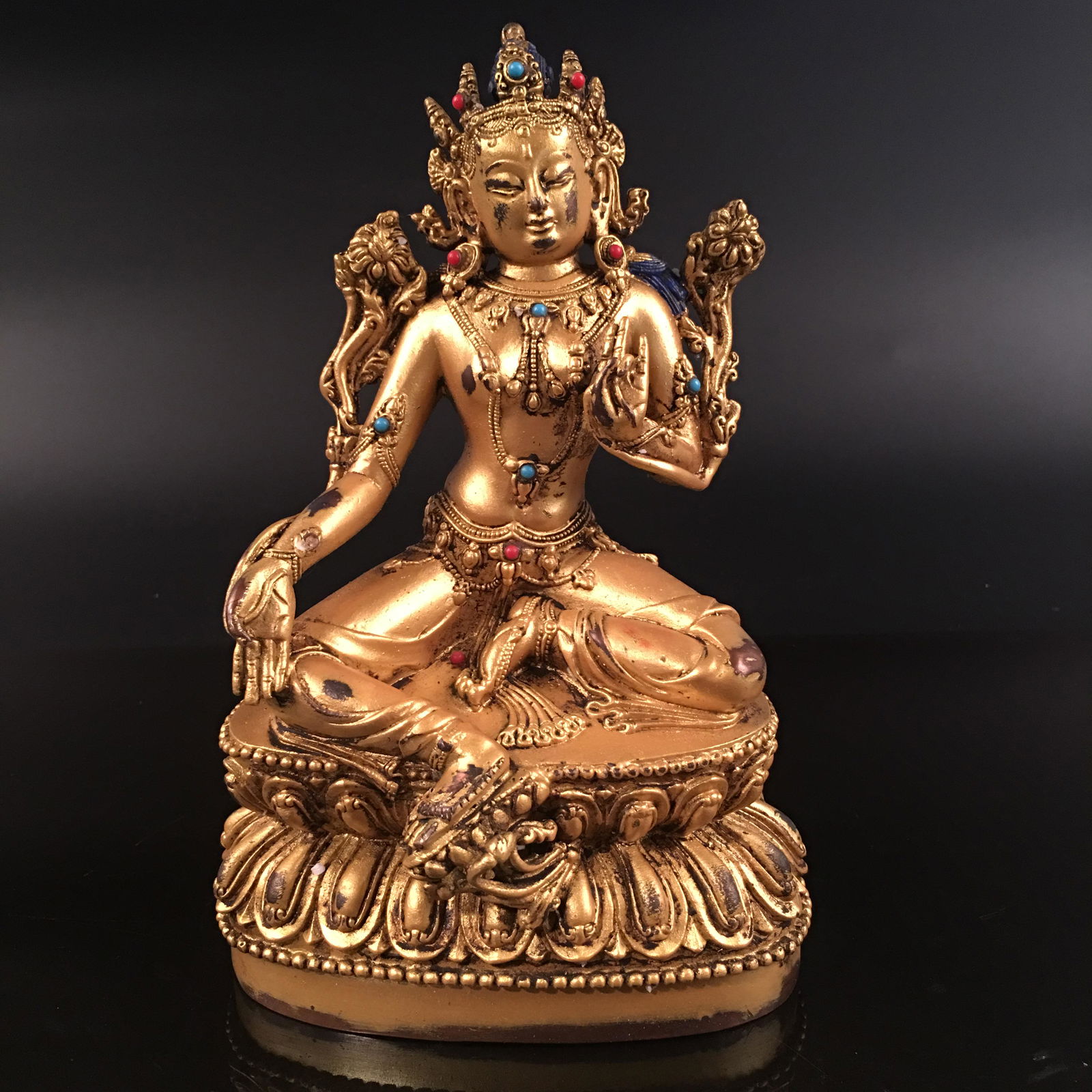 Chinese Gilt Bronze Tara Figure, Inlaid Gemstones (1 of 10)