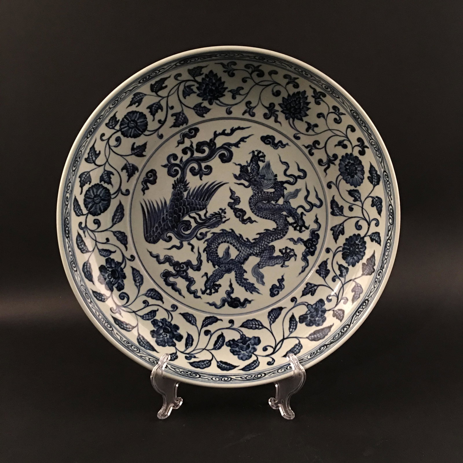 Chinese Blue-White 'Dragon & Phoenix' Charger: Chinese Blue-White 'Dragon & Phoenix' Charger 3'' H, 16'' W; 7.4 lb Shipping: We are able to pack and ship this item to an address in the United States for $45.00 via UPS Ground or USPS Priority Mail.