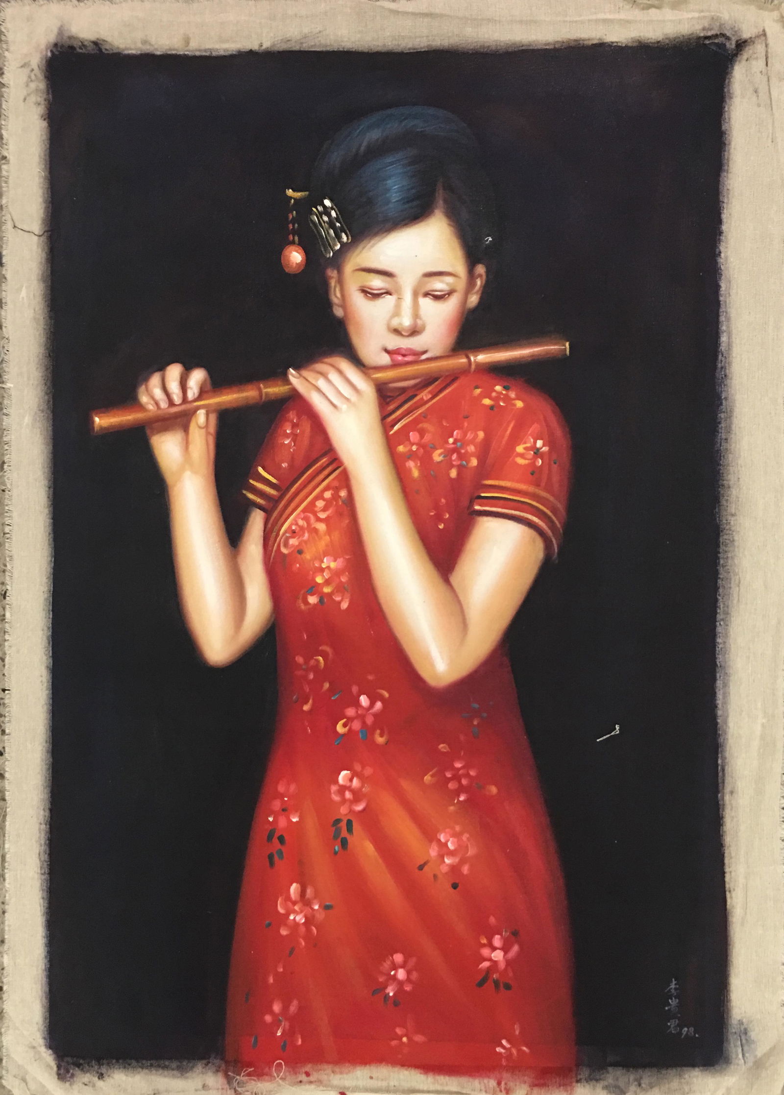 Chinese 'Beauty' Oil Painting, Li Guijun Signature: Chinese 'Beauty' Oil Painting, Li Guijun Signature 36'' H, 24-1/2'' W; 0.4 lb Shipping: We are able to pack and ship this item to an address in the United States for $25.00 via UPS Ground or USPS Prio
