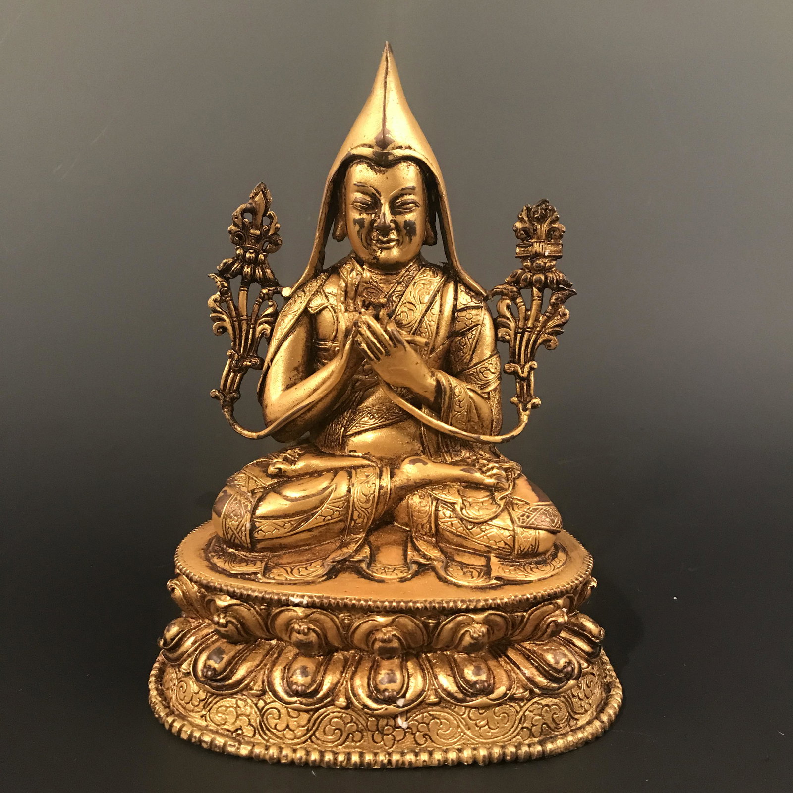 Chinese Gilt Bronze Tsong Kha Pa Figure: Chinese Gilt Bronze Tsong Kha Pa Figure 7-1/2'' H, 5-1/4'' W; 3.2 lb Shipping: We are able to pack and ship this item to an address in the United States for $35.00 via UPS Ground or USPS Priority Mail