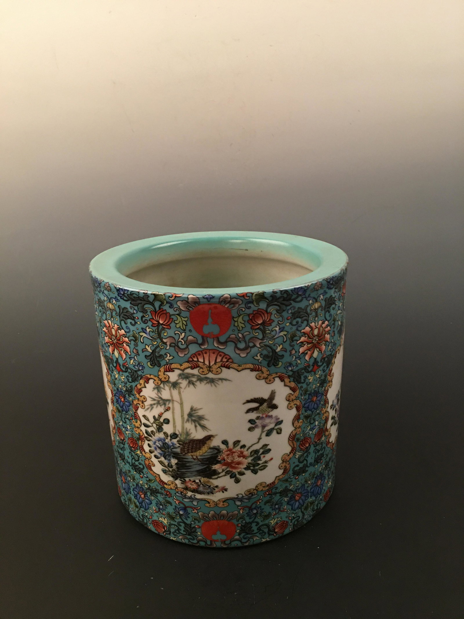 Chinese Famille Rose Brush Pot: Chinese Famille Rose Brush Pot 8'' H, 7-3/4'' W; 5.8 lb Shipping: We are able to pack and ship this item to an address in the United States for $40 via UPS Ground or USPS Priority Mail. Tracking infor