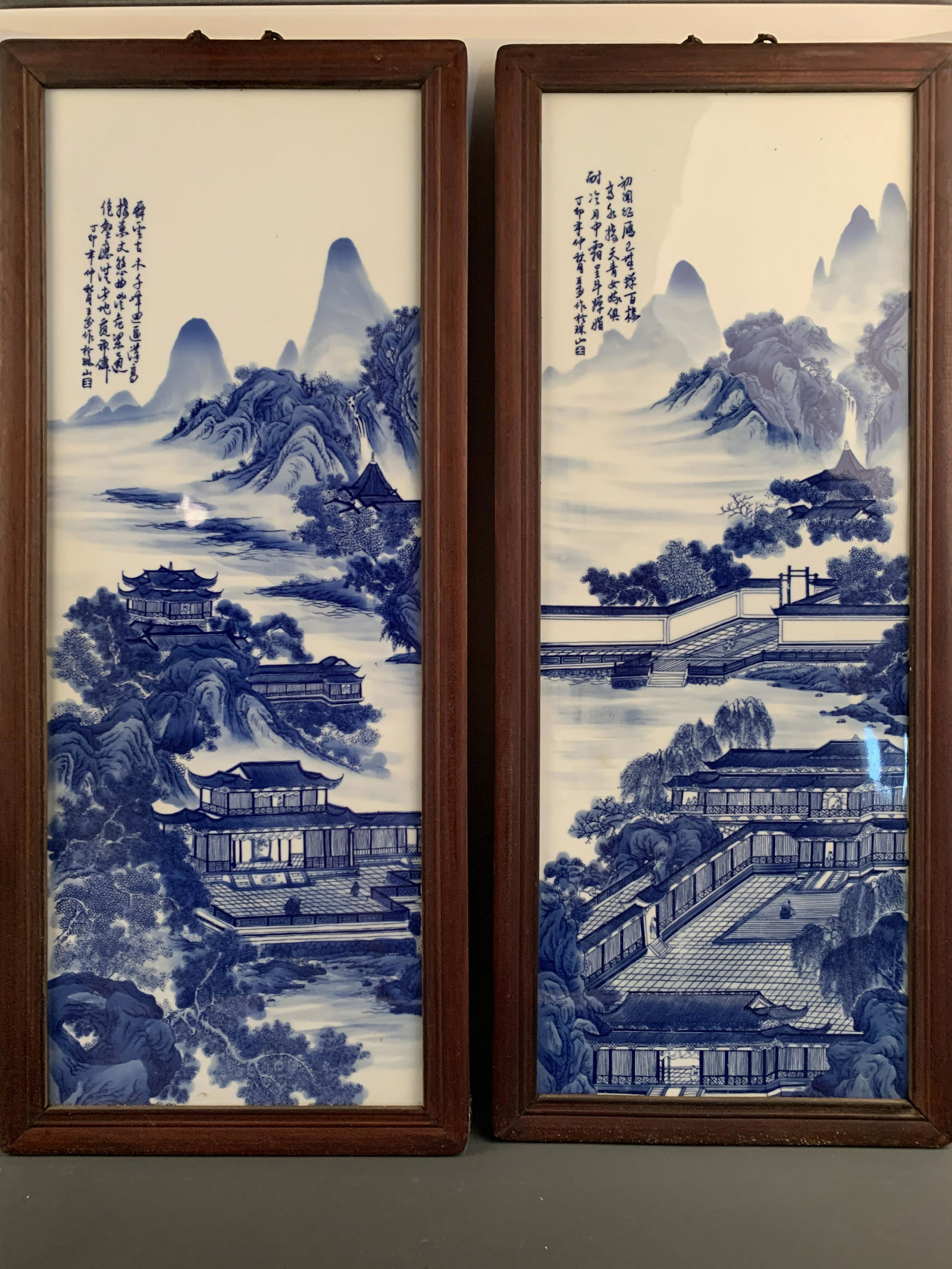 A Pair Chinese Framed Blue and White Porcelain: A Pair Chinese Framed Blue and White Porcelain 36'' H, 15'' W; 24 lb Shipping: We are able to pack and ship this item to an address in the United States for $80.00 via UPS Ground or USPS Priority Mail