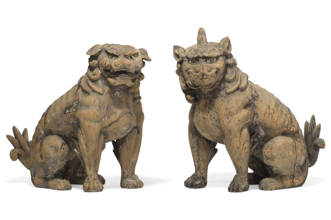 A pair of Japanese wooden Shinto lion dogs (koma inu) (1 of 2)