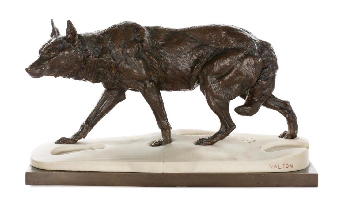 A French patinated bronze and marble model of a wolf: A French patinated bronze and marble model of a wolfafter a model by Charles Valton (French, 1851-1918)late 19th centuryOn a white marble base representing snow carved with footprints, incised VALTON,