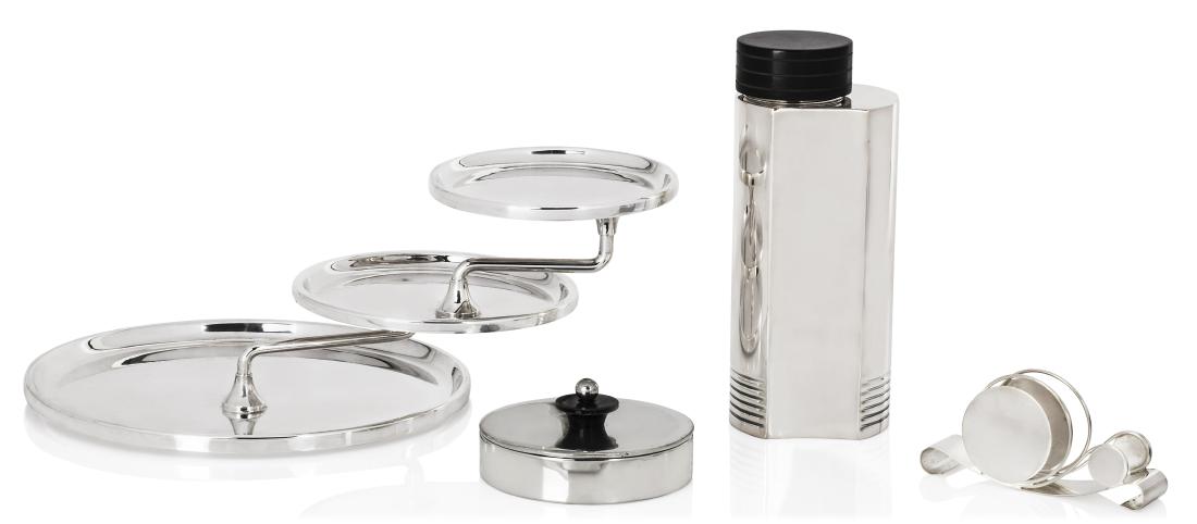 Four Continental Art Deco and Modernist silverplate: Four Continental Art Deco and Modernist silverplate tablewares By Folke Arström for GAB, Lino Sabatini and other makers, 20th centuryComprising: a Folke Arström designed cocktail shaker with bakelit