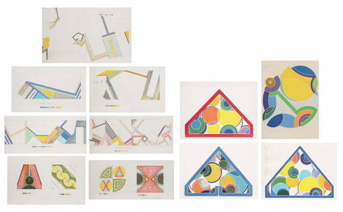 John Harrison Levee, (American, 1924-2017), Eleven: John Harrison Levee(American, 1924-2017)Eleven various abstract worksPencil and watercolor on paper; hand signed lithograph2 two panel sketches for banners, 5 sketches for murals and 4 lithographs, va