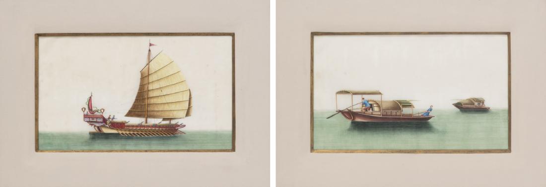 A pair of Chinese Export rice paper paintings of boats: A pair of Chinese Export rice paper paintings of boatsA junk and a sampan, handsomely framed and matted overall height 15in (38cm); width 19 3/4in (50cm)
