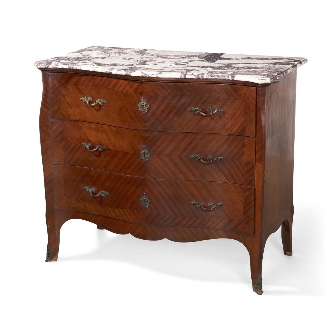 A Louis XV style mahogany commode: A Louis XV style mahogany commode early 20th century height 35 3/4in (91cm); width 41 3/4in (106cm); depth 22 1/4in (56.5cm)