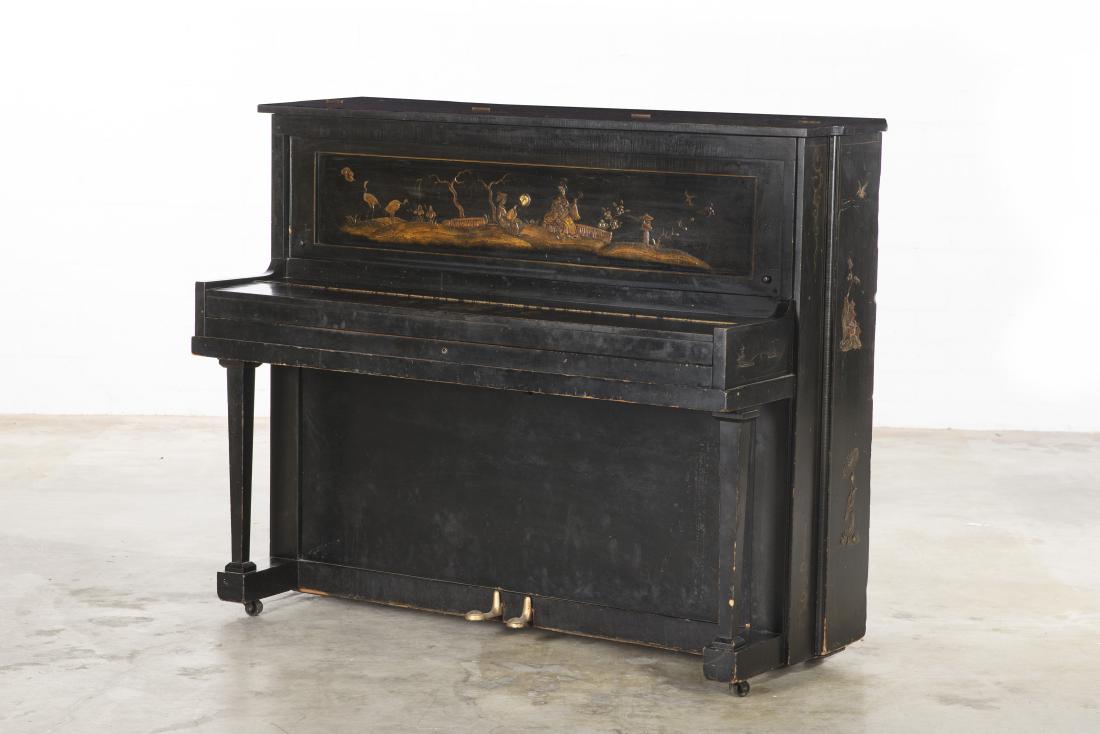 Chinoiserie decorated upright piano, Jackson: A Chinoiserie decorated black lacquer upright piano Jackson Piano Company, Milwaukee, Wisconsin Having an overstrung iron framed action, incised JACKSON PIANO CO MILWAUKEE WIS and numbered 3092, toget