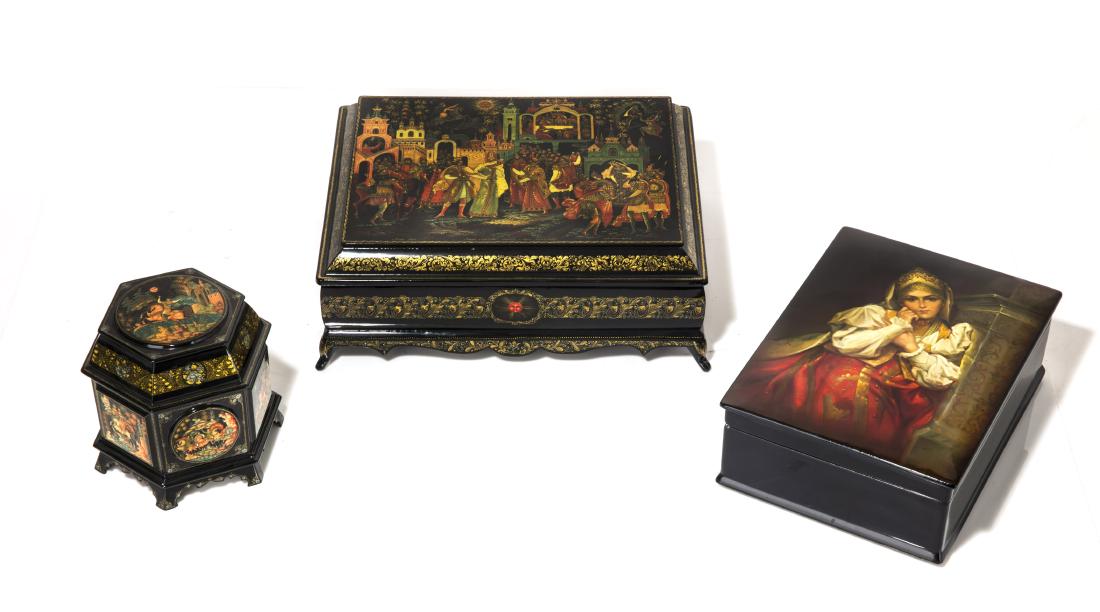 Three Russian lacquer boxes, Palekh and Fedoskino (1 of 3)