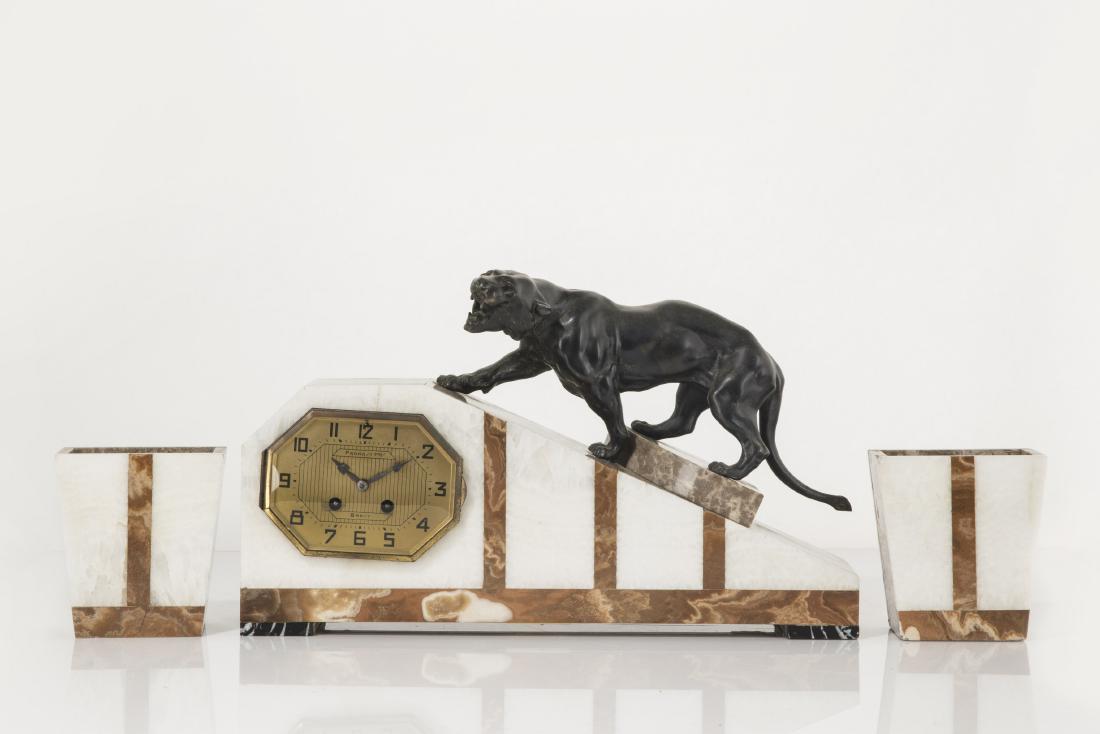 An Art Deco specimen marble clock garniture (1 of 3)