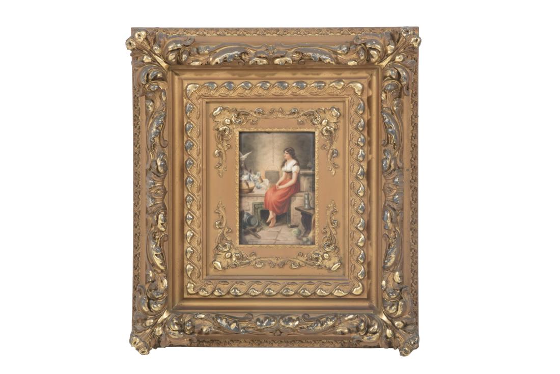 A Hutschenreuther porcelain plaque: Cinderella: A Hutschenreuther porcelain plaque: Cinderella early 20th century Signed Wagner, impressed factory mark above 107 and H, red painted title, framed. dimensions of plaque 5 7/8 x 4in (15 x 10.2cm)