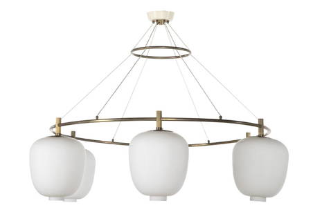 Modern brass glass chandelier, Vilhelm Lauritzen: A brass and frosted glass six light ring chandelier attributed to Vilhelm Lauritzen (Danish, 1894-1984) circa 1955 height approximately 48in (122cm); diameter approximately 68in (173cm) Provenance: Si