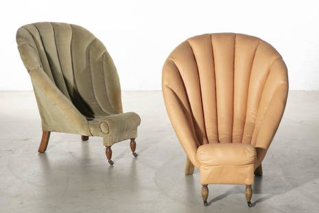 Four scallop form low chairs: A group of four scallop form low chairsone, late 19th century; three, modernTwo lacking upholstery and castors. height 34in (86.5cm); width 39 1/2in (75cm); depth 34in (86.5cm)