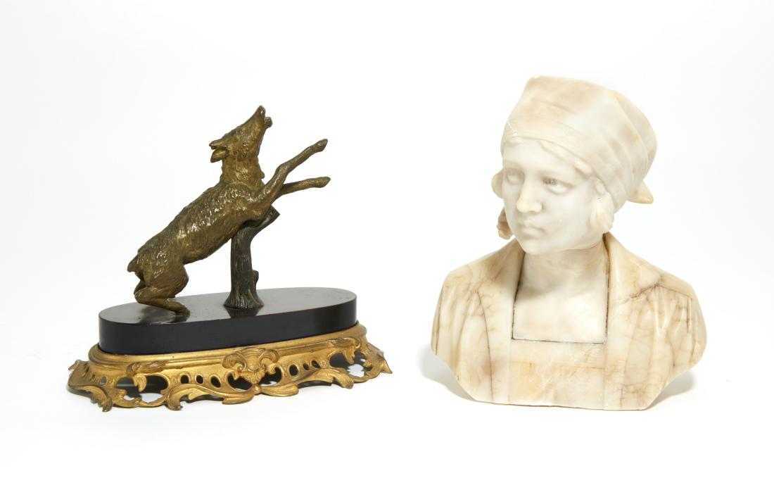 A Continental alabaster bust of a maiden: A Continental alabaster bust of a maiden late 19th-early 20th century Together with a patinated bronze figure of a leaping boar. (2) the bust height 9in (23cm); width 7 1/2in (19cm)